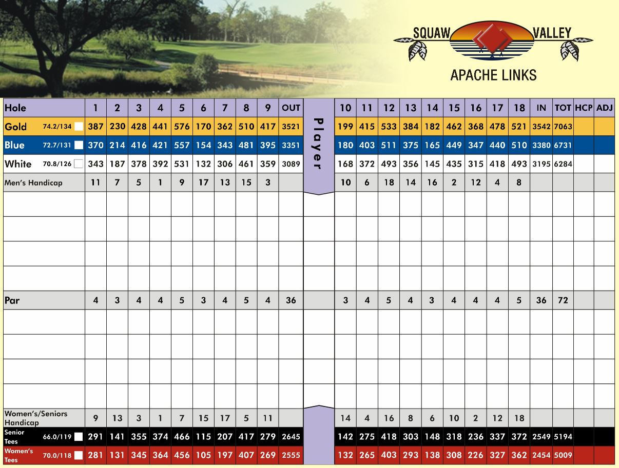 Scorecard Squaw Valley Golf Course